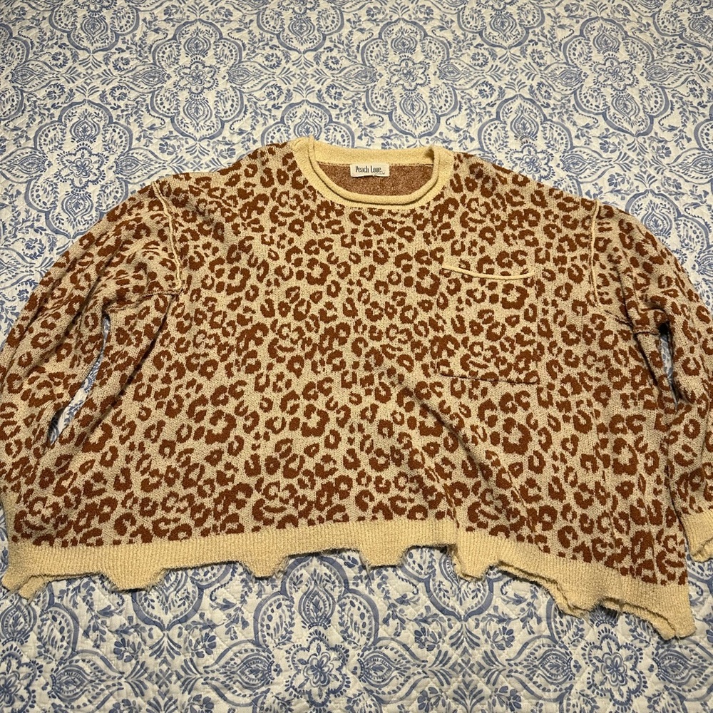 Cream and Brown Crew Neck Sweater with Animal Print